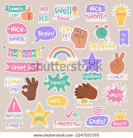 Job and great job groovy stickers pack. Set of reward stickers for teachers and kids. Hand drawn vector illustration.