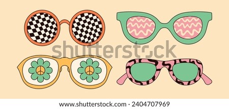 Trippy sunglasses with psychedelic designs. Vector graphics isolated on white background.