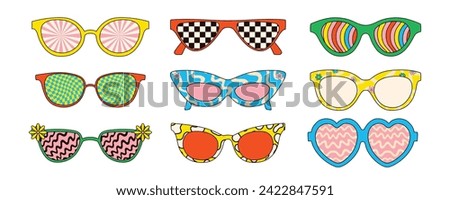 Retro psychedelic sunglasses. Vector illustrations isolated on white background.