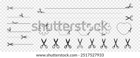 Scissors And Cutting Lines Icon Set: Dotted, Zigzag, Wavy, Shapes, Heart, Star, Cutting Lines