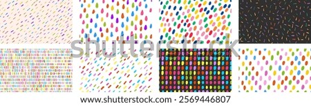 Set of colorful simple seamless pattern with small dashes. Hand drawn noise texture.