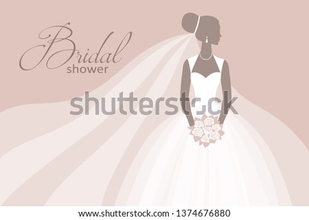 Bride in a wedding dress, holding a bouquet, vector illustration for design: invitation, greeting card, template for the bride show.