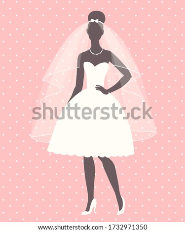 Bride in retro wedding dress, vector illustration for greeting card, invitation, banner, bridal shower.