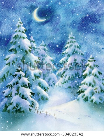 Watercolor winter night forest, hand paint background. Christmas and New Year illustration for greeting card, invitation, poster.