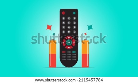 Remote control and battery icon isolated on light blue background. Control panel of TV vector illustration