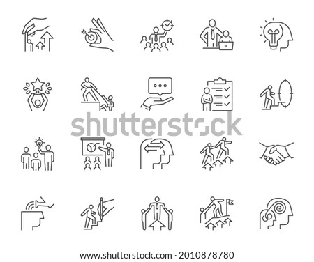 Set of mentoring related line icons. Contains such icons as personal development, experience exchange, support, etc. Editable stroke.