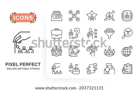 Set of headhunting related line icons. Contains such icons as index card, candidate, portfolio, target and more. 256x256 pixel perfect. Editable stroke.
