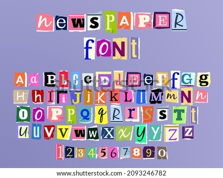 Vector illustration of colorful alphabet with lowercase and uppercase letters and numbers made in newspaper style isolated on purple background