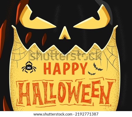 Close-up monster face. Vector illustration of creepy jack o lantern face with Happy Halloween inscription designed for banner
