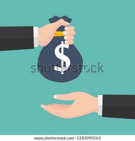 Vector illustration of the hand giving bag with money to a businessman. Flat design.