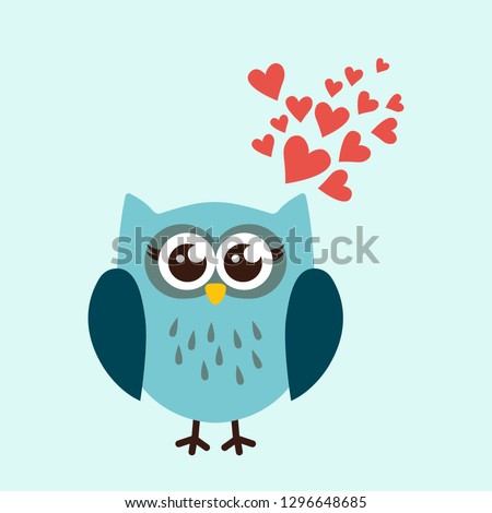Cute owl in love with hearts. Cartoon hand drawn vector illustration. Can be used for t-shirt print, kids wear fashion design, baby shower invitation card. 