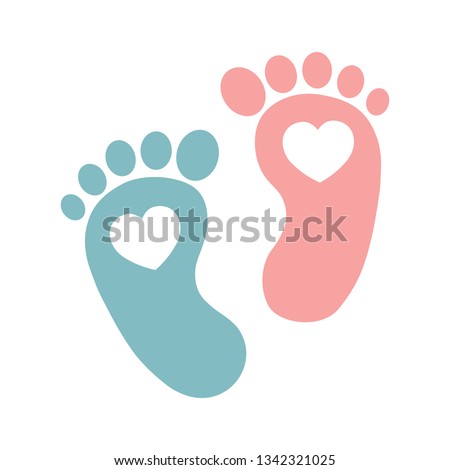 Twin baby girl and boy feet prints arrival greeting card with hearts. Vector illustration. 