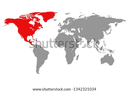North America continent red marked in grey silhouette of World map. Simple flat vector illustration.