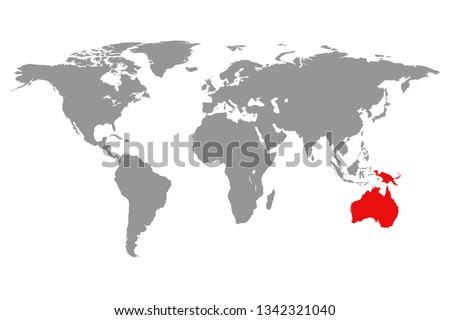Australia continent red marked in grey silhouette of World map. Simple flat vector illustration.
