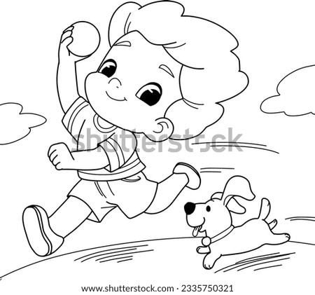 Cartoon boy playing with dog islated on white background.