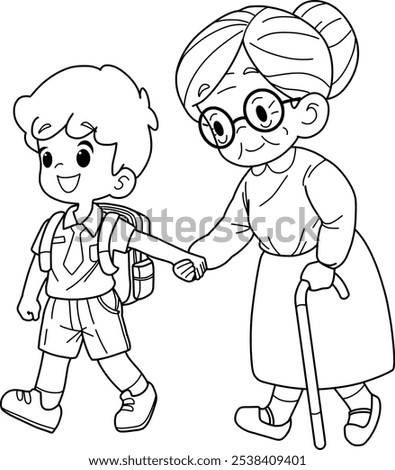 Schoolboy help the old woman cross the road.cartoon coloring page vector illustration isolated on white background.outline