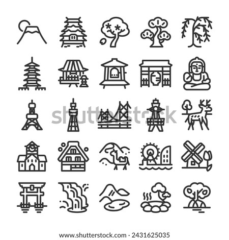 Tourist attractions icon set from all over Japan