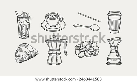 Coffee and cafe essentials in a detailed, hand-drawn vector style. Clean and monochromatic. Perfect for menu designs or cafe branding, capturing the essence of a cozy coffee shop experience.