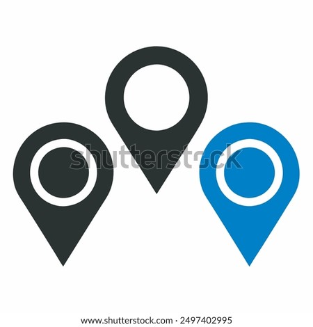 Simple map location pins vector icons. Includes black and blue pin markers. Perfect for maps, navigation apps, and location-based projects