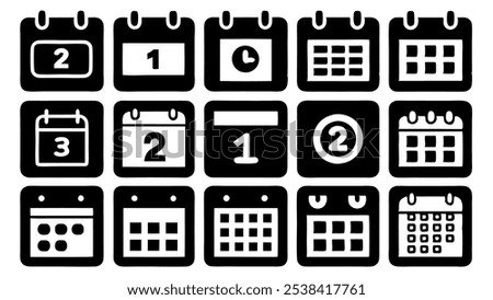 Calendar Icon Set. Features editable time management symbols. Includes icons for months, days, weeks, reminders, and more. Perfect for websites, and apps related to scheduling, planning, and events.