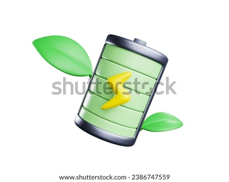 3D rendering Cute battery with green leaves on the background floating in the air, concept environmentally friendly energy