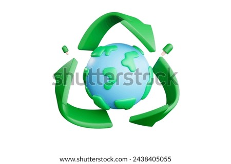 3D rendering uses clean, earth-friendly renewable energy. The earth is placed between recycling symbols.