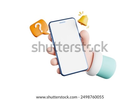 3D rendering of a cute cartoon character holding a smartphone with an orange question mark icon next to it and a vibrating yellow bell indicating a notification.