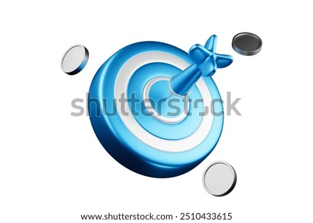 3D blue circle target with arrows, representing the concept of setting goals correctly on a white background. There are silver coins floating around, saving money in the future.