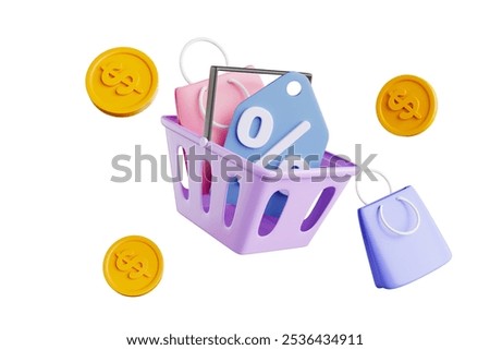 Online shopping has shopping bag and discount code in basket for putting things and discount on purchases, dollar coins floating around the basket, 3D render.