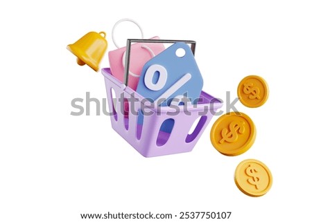 Online shopping has shopping bag and discount code in basket for putting things and discount on purchases, dollar coins floating around the basket, 3D render.