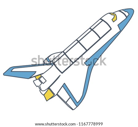 Outlined space shuttle, universe discovering. Yellow blue vector master illustration. Isolated flighting spaceshuttle, fuel tank, white background