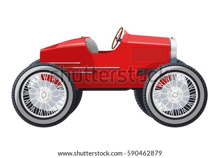 Overly short car looks like limousine. Ancient red car with big wheels made in contour lines. Colored funny car isolated on white background. Historical master vector illustration.