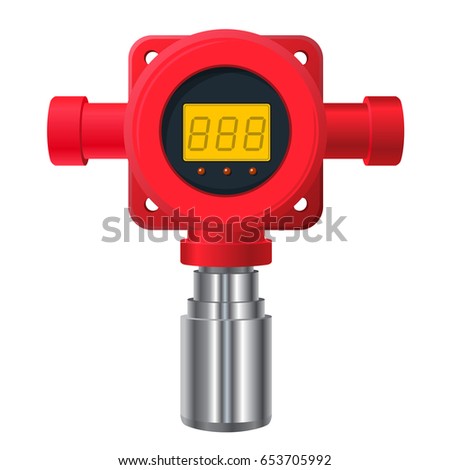 Vector gas detector. Red gas-meter with digital LCD display. Toxic sensor heater, adjustable values. Safety sensor detect poisoning with gas programmable alarm relays.