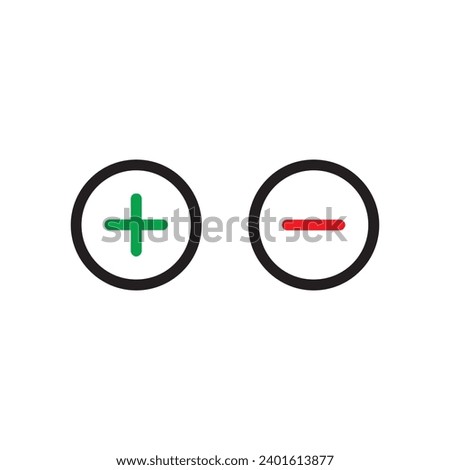 green plus and red minus symbols, round thin line vector signs, Plus and minus or add and subtract line art color icon for apps and websites.