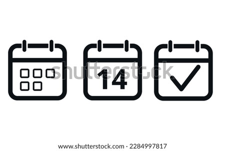 Calendar icon templates in gray color hollow out isolated on white background. Icon with checkmark sign. Calendar vector flat icon. Specific day calendar icon marking day 14.