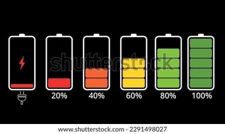 mobile phone battery charging flat icons isolated on black background, charging battery from 0 to 100%.