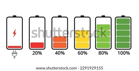 mobile phone battery charging flat icons on white background, charging battery from 0 to 100%.