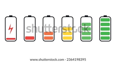 Vector flat icons of cell phone battery charging from 0 to 100%.
