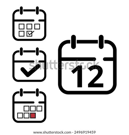 Collection of simple calendar icons of different designs, calendar icon with specific day marked for websites and graphic resources, day 12.