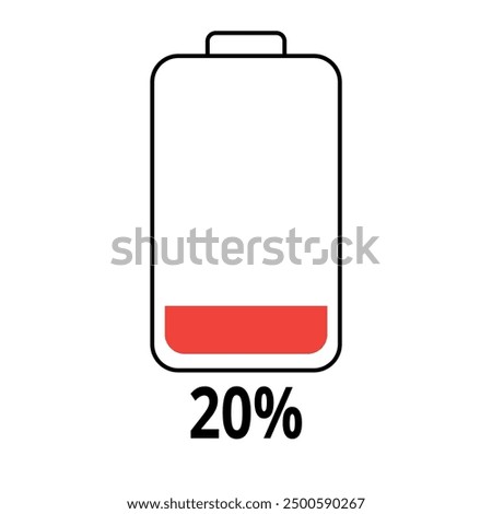 Vector flat icon of mobile phone battery charging bar at 20%.