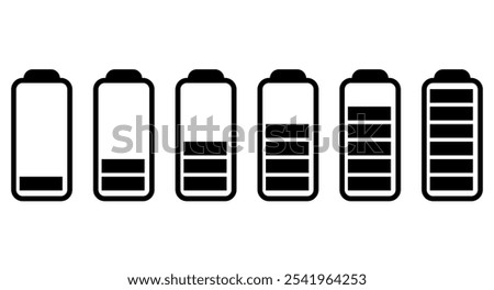 Vector flat icons of cell phone battery charging from 0 to 100% in black color isolated on transparent background, for websites and graphic resources.