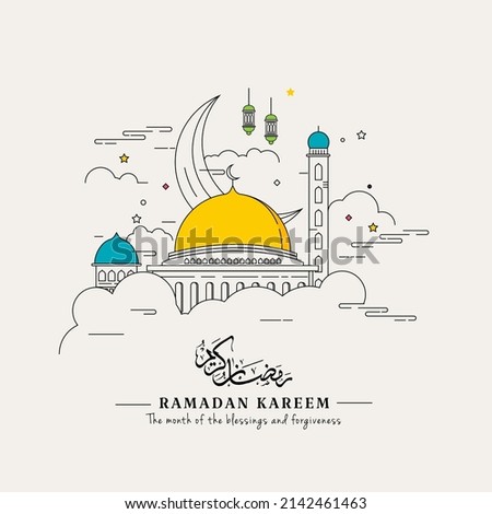 Ramadan Kareem in line art style with popular iconic symbol using in design; cresent, lantern, mosque. Vector isolated outine drawing. Simple and minimal design. 