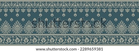 Ethnic Patterns. Cross Stitch Embroidery. Native Style. Traditional Design for texture, textile, fabric, clothing, Knitwear, print. Geometric Pixel Horizontal Seamless Vector. Blue, White, Dark Green.