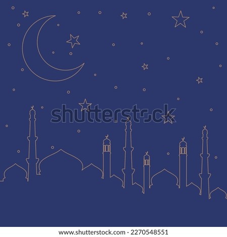 Minimalist islamic background. Luxury gold outline islamic mosque and sky full of stars with big crescent moon. Perfect for greeting cards, posters, and social media posts