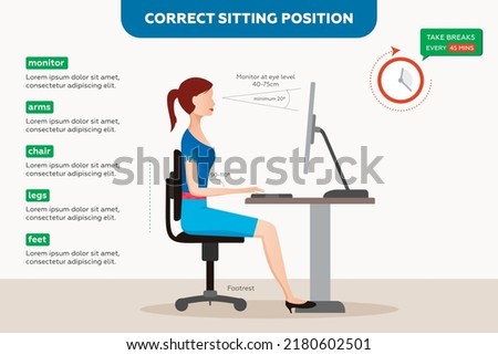 Ergonomics correct sitting posture for office workers, woman at work.