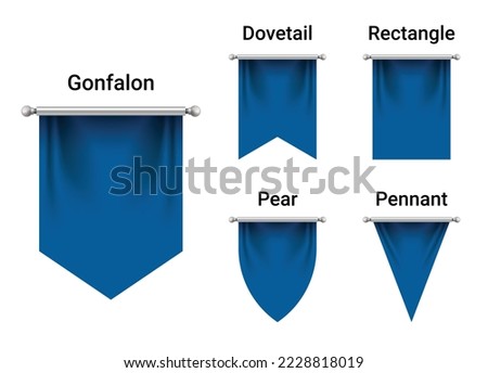 Set of Dark Blue Flags mockup isolated on white background. Empty 3D Pennant Blank. Realistic Illustration.