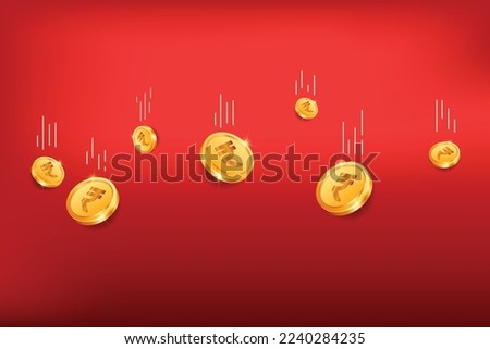 Indian Rupees gold coins falling from top on red background. Realistic 3D gold coins. Ecommerce free credit concept.