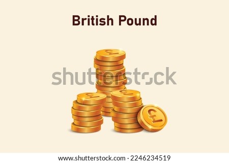 Stack of Pound Sterling gold coins. Realistic 3D gold coins. Ecommerce free credit concept.