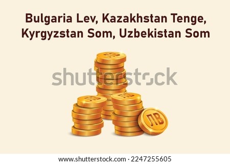 Stack of Lev, Tenge or Som gold coins. Realistic 3D gold coins. Ecommerce free credit concept.