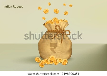 Indian Rupee Gold Coins Falling in Sack of Bag. Realistic 3D gold coins. Vector Illustration Concept for Savings, Casino, Fortune, Profit etc.